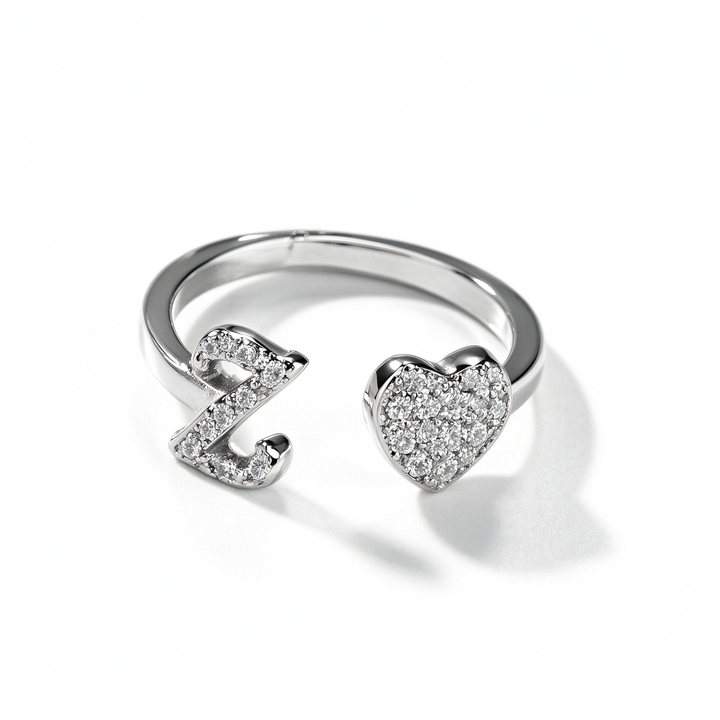 Initial Letter Heart Zircon Adjustable Open Ring