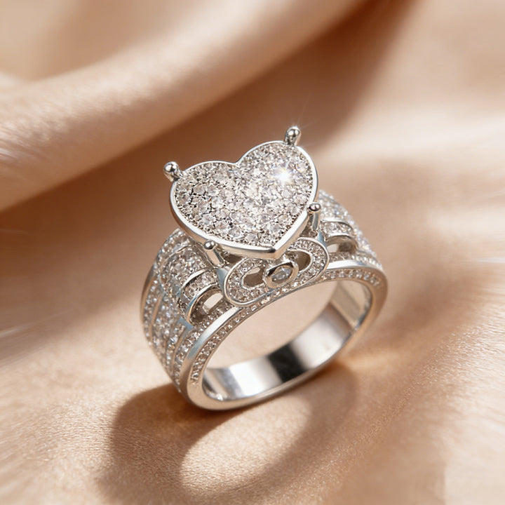 Micro Pave Zircon Heart Statement Wide Band Ring