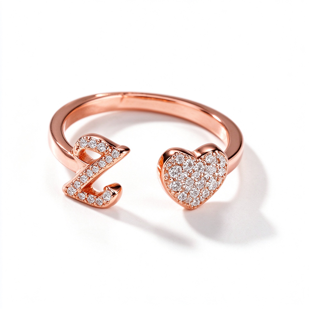 Initial Letter Heart Zircon Adjustable Open Ring