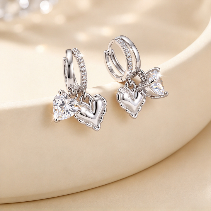 Double Heart Drop Huggie Earrings