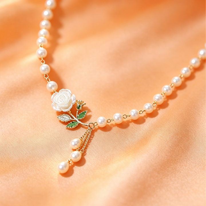 White Rose Pearl Pendant Necklace