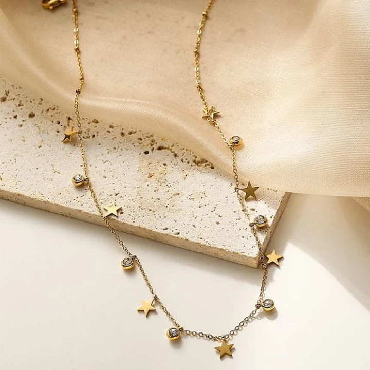 Titanium Steel Star and Moon Zirconia Necklace