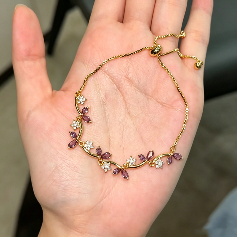 Leaf Floral Colored Zircon Adjustable Gold Bracelet