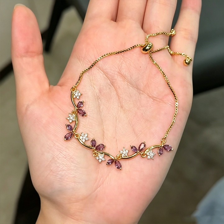 Leaf Floral Colored Zircon Adjustable Gold Bracelet