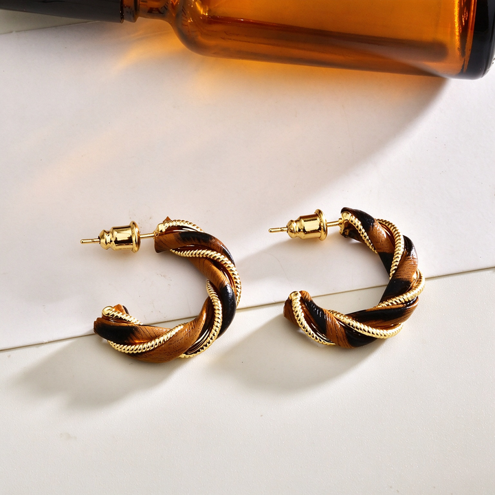 Leather Cord Wrapped C Shape Hoop Earrings