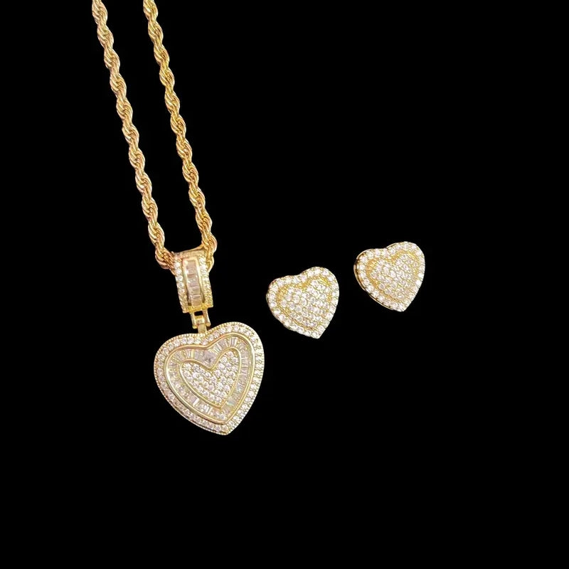 Pave Heart Zircon Necklace Earring Set