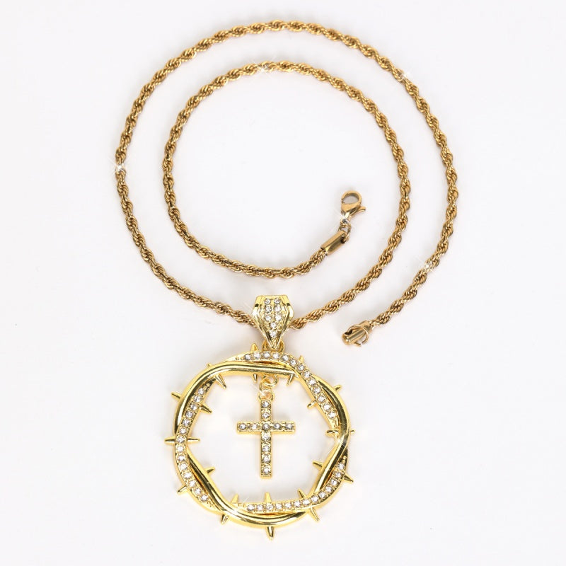 Gold Thorn Cross Pendant Necklace Chain