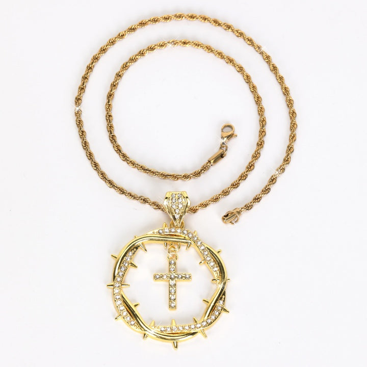 Gold Thorn Cross Pendant Necklace Chain