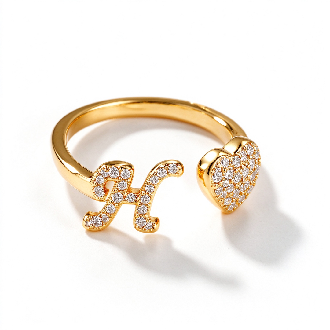 Initial Letter Heart Zircon Adjustable Open Ring
