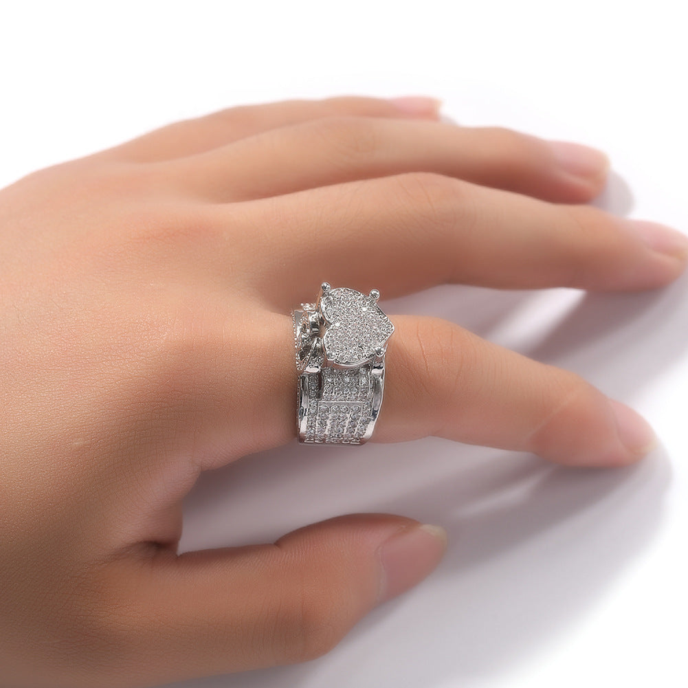 Micro Pave Zircon Heart Statement Wide Band Ring
