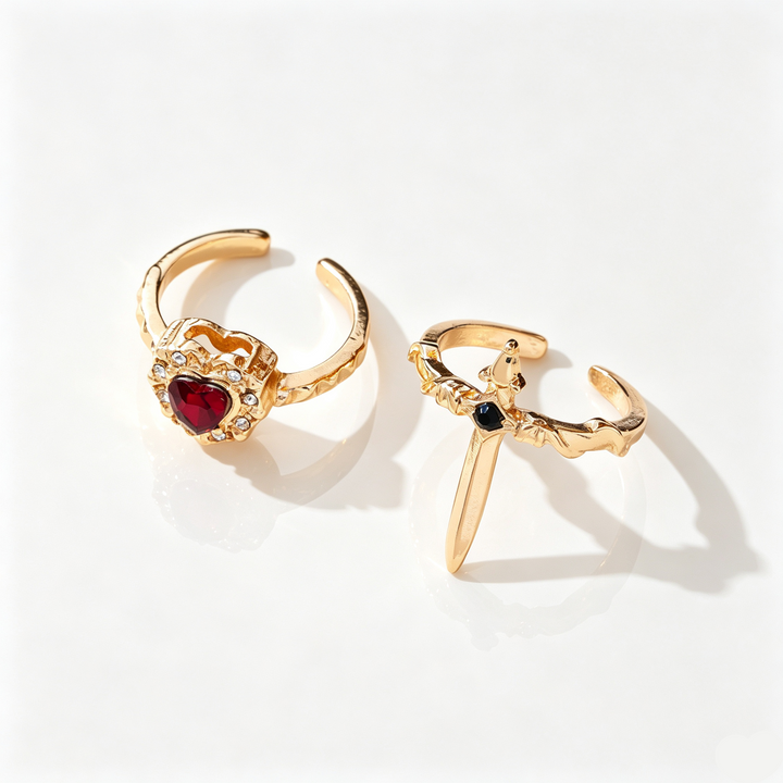 Sword Heart Cross Couple Open Ring Set
