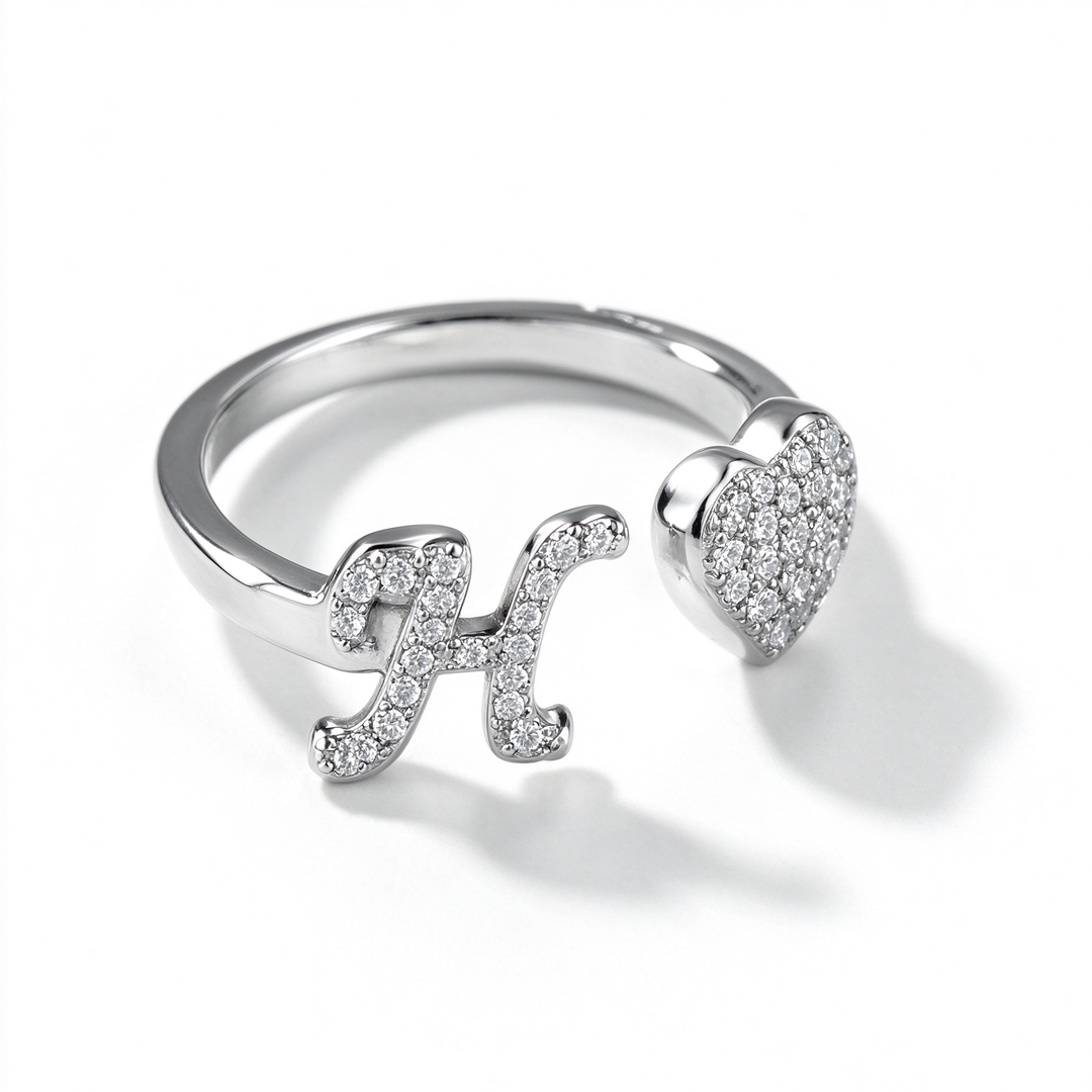 Initial Letter Heart Zircon Adjustable Open Ring