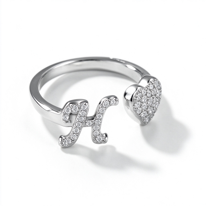 Initial Letter Heart Zircon Adjustable Open Ring