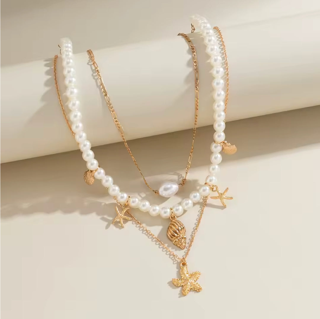 Layered Shell Starfish Pearl Necklace for Women