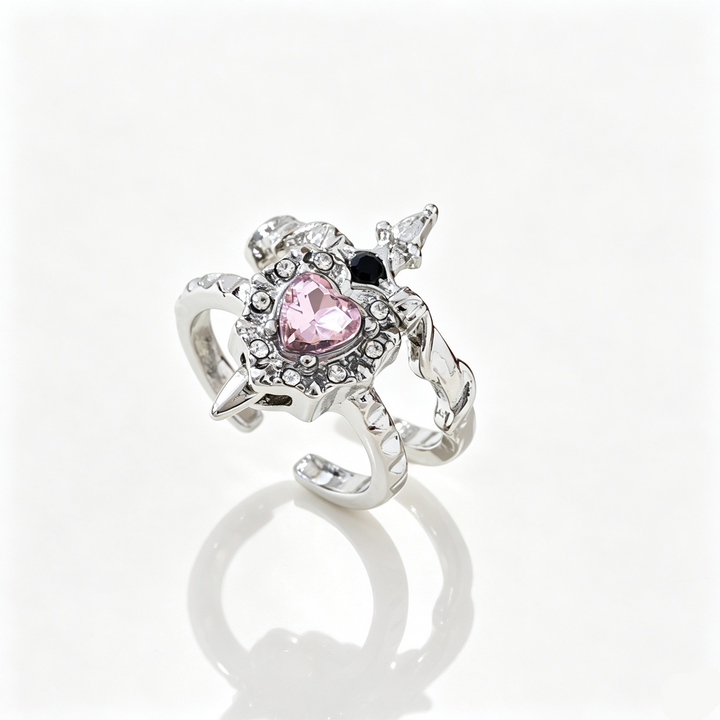 Sword Heart Cross Couple Open Ring Set