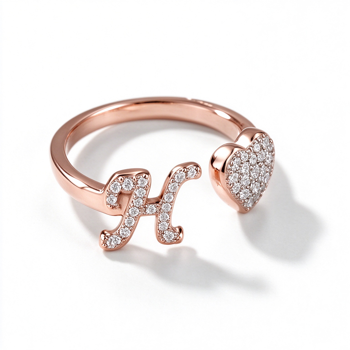 Initial Letter Heart Zircon Adjustable Open Ring