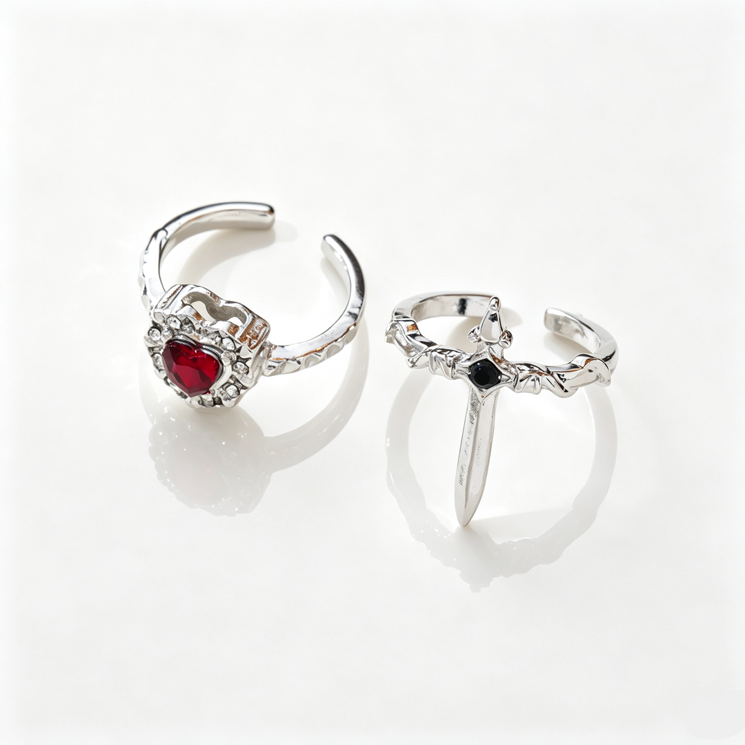 Sword Heart Cross Couple Open Ring Set