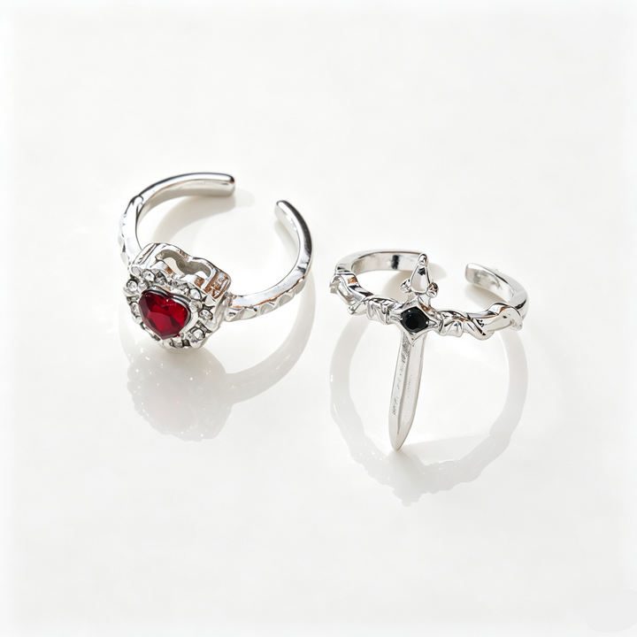 Sword Heart Cross Couple Open Ring Set