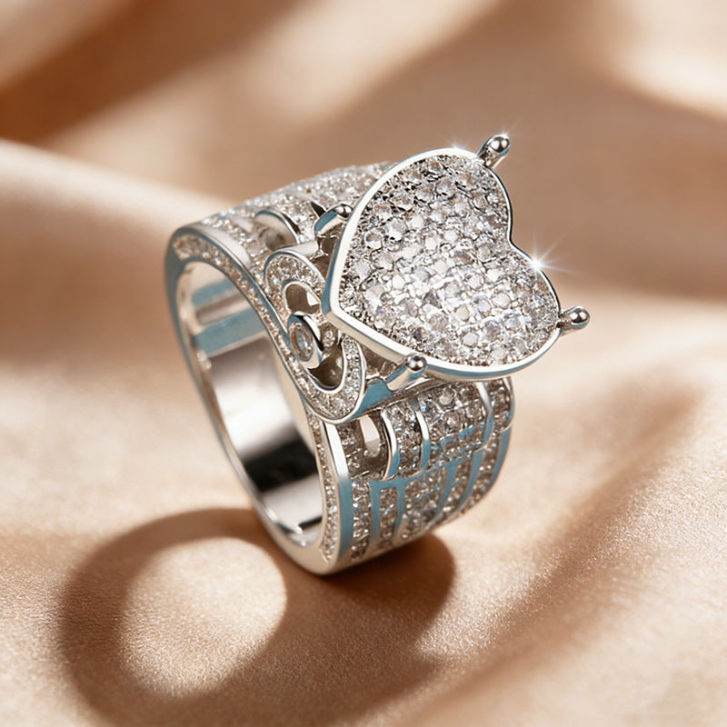 Micro Pave Zircon Heart Statement Wide Band Ring