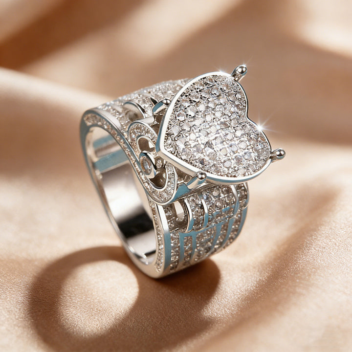 Micro Pave Zircon Heart Statement Wide Band Ring