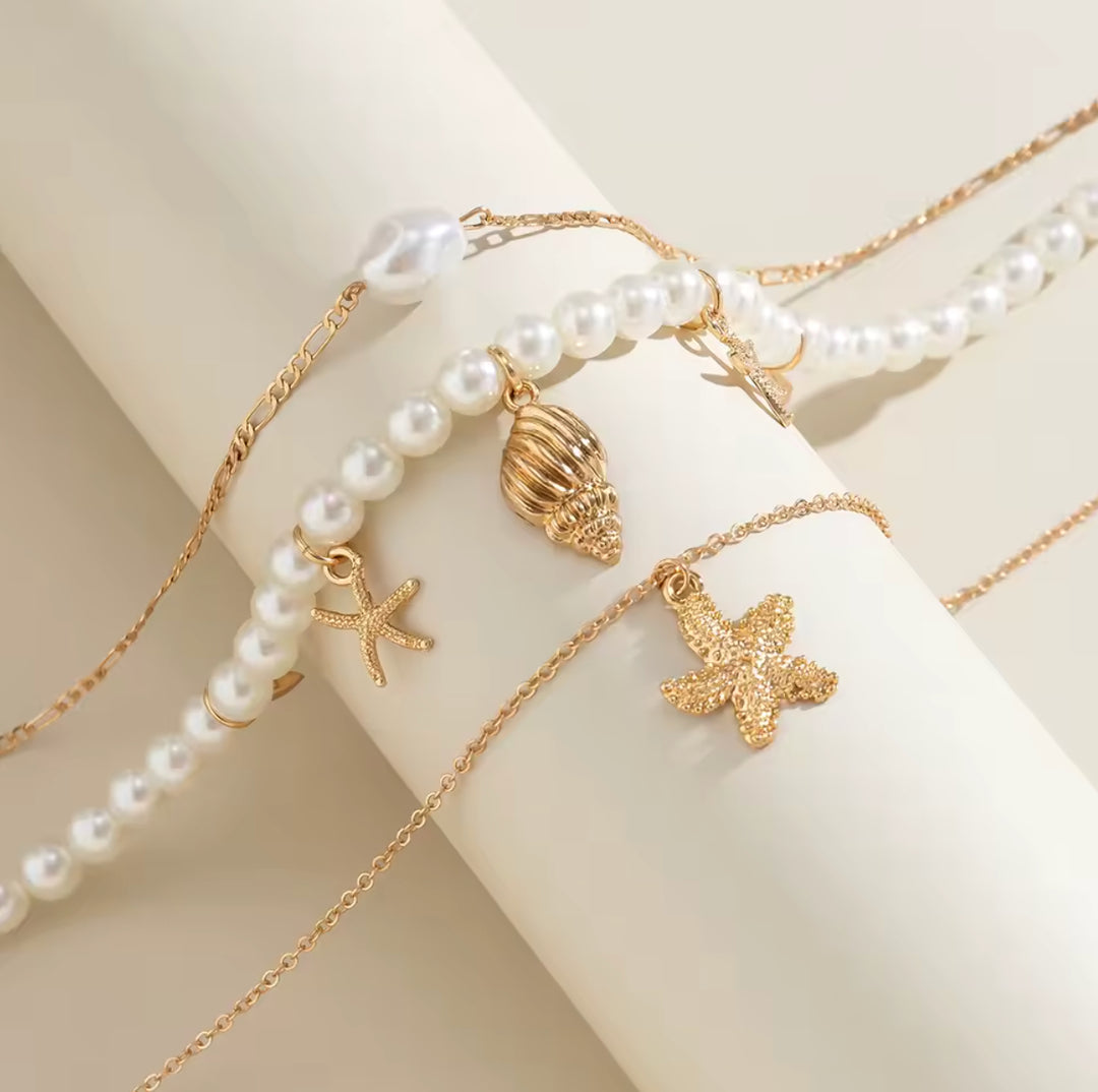 Layered Shell Starfish Pearl Necklace for Women