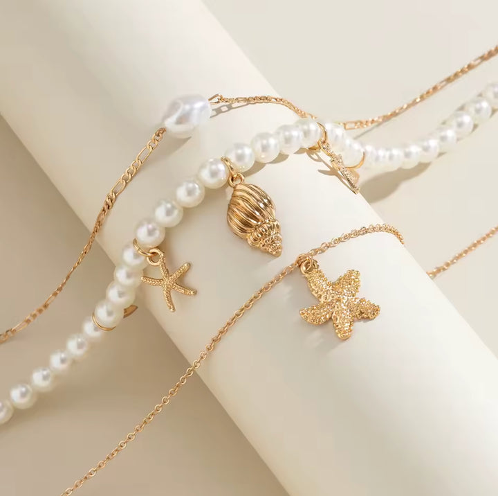 Layered Shell Starfish Pearl Necklace for Women