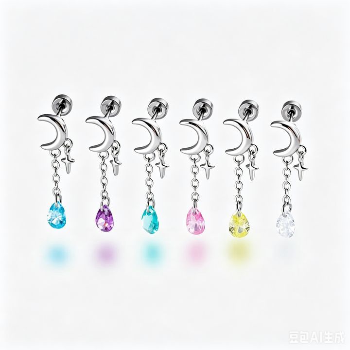 Moon Star Dangle Teardrop Gem Helix Cartilage Piercing Stud