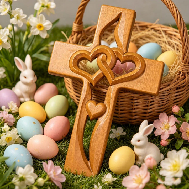 Wooden Cross Intertwined Hearts Decor