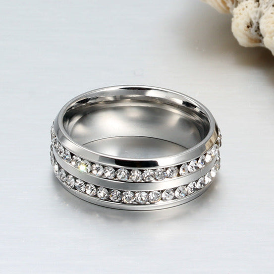 Double Row Zircon Stainless Steel Band Ring