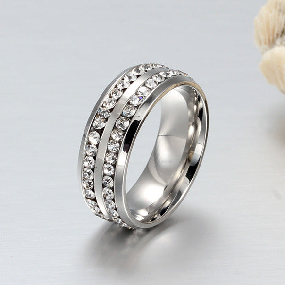 Double Row Zircon Stainless Steel Band Ring