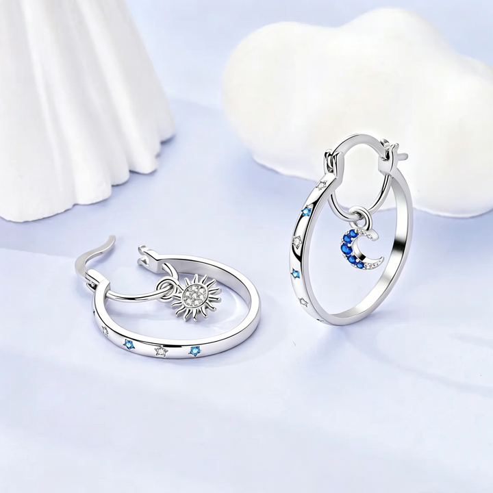 Sun Moon Zircon Pendant Hoop Earrings
