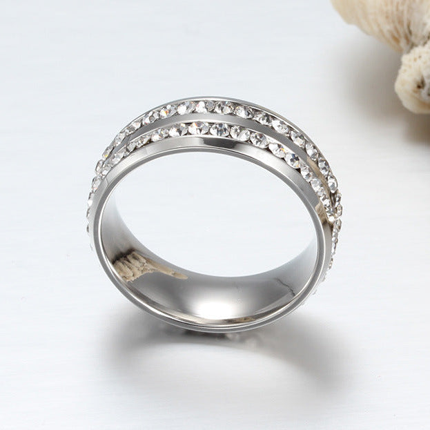 Double Row Zircon Stainless Steel Band Ring