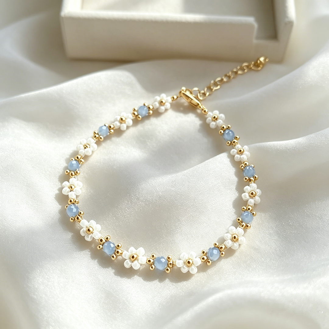 Handmade Blue Flower Beaded Bracelet for Women