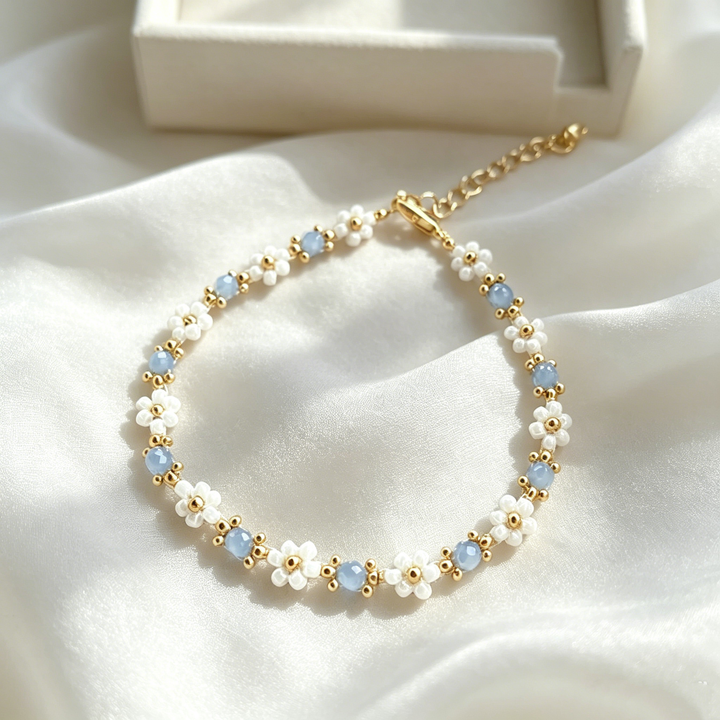 Handmade Blue Flower Beaded Bracelet for Women