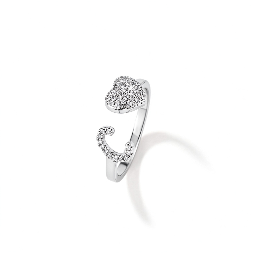 Initial Letter Heart Zircon Adjustable Open Ring