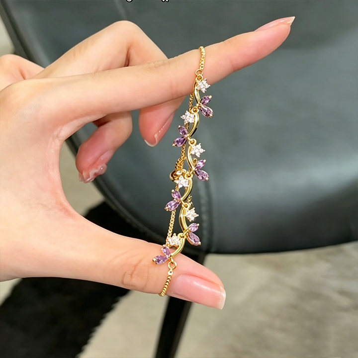 Leaf Floral Colored Zircon Adjustable Gold Bracelet