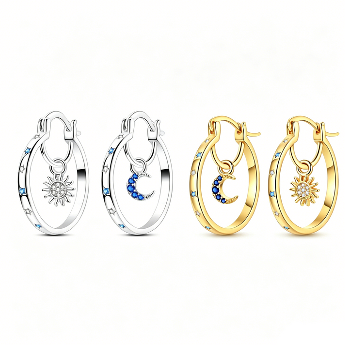 Sun Moon Zircon Pendant Hoop Earrings