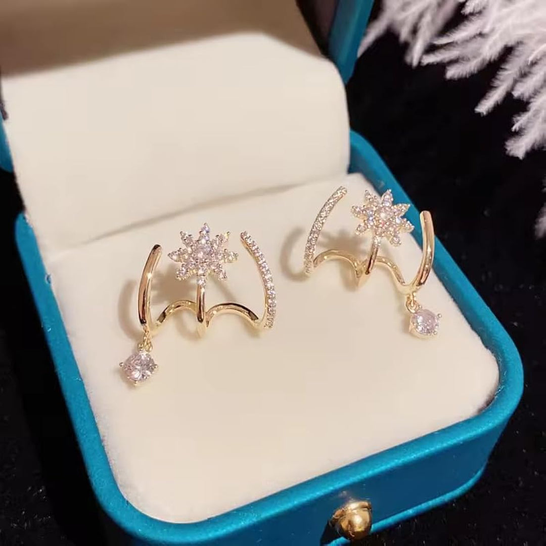 Eight Pointed Star Zircon Layer Hoop Women Earrings
