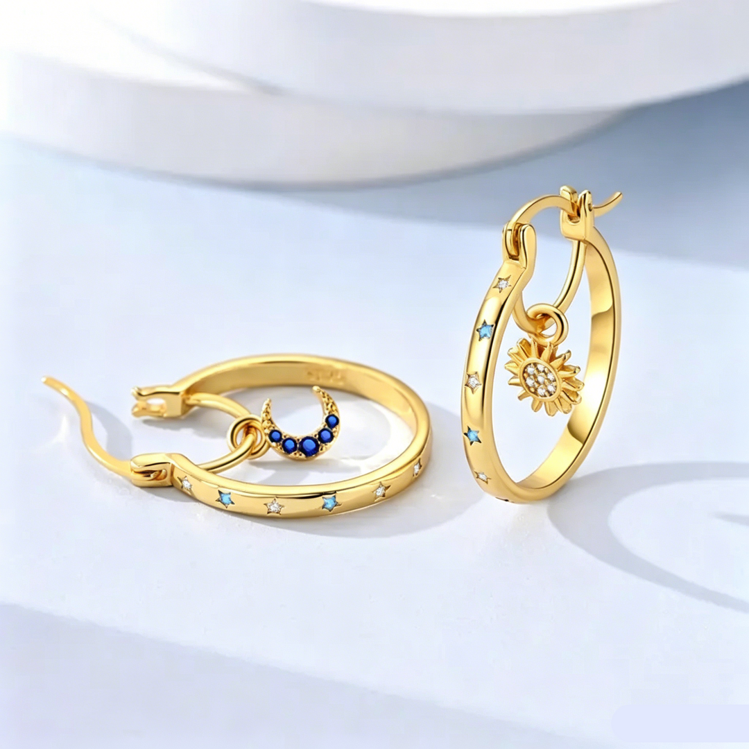Sun Moon Zircon Pendant Hoop Earrings