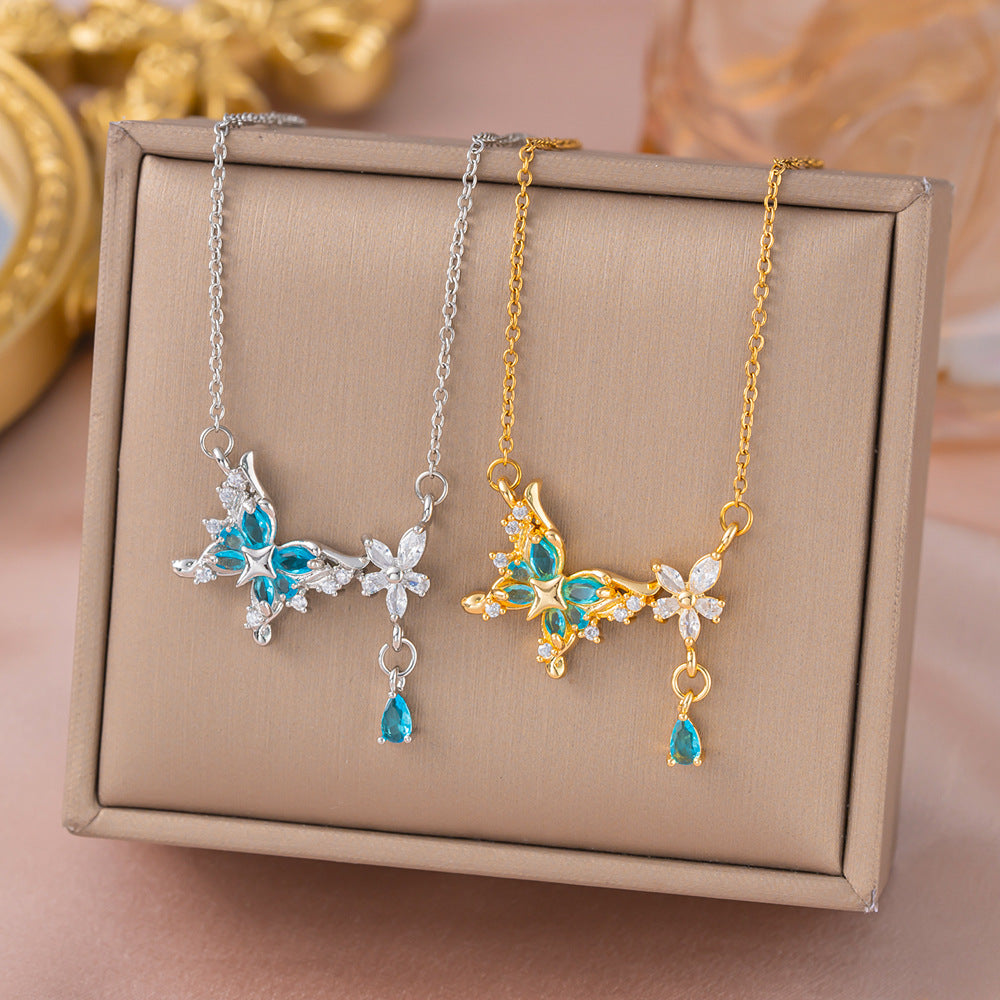 Elegant Ice Blue Butterfly Drop Necklace