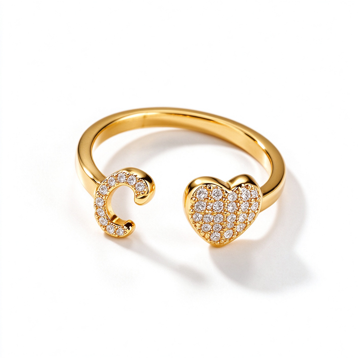 Initial Letter Heart Zircon Adjustable Open Ring