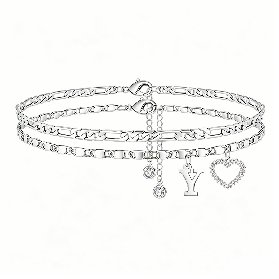 Double Layer Initial Heart Zircon Ankle Bracelet