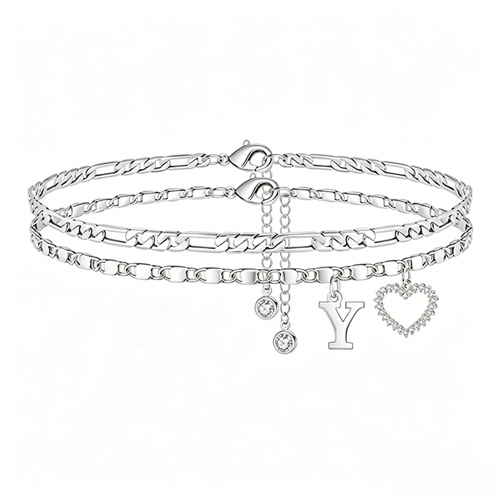 Double Layer Initial Heart Zircon Ankle Bracelet