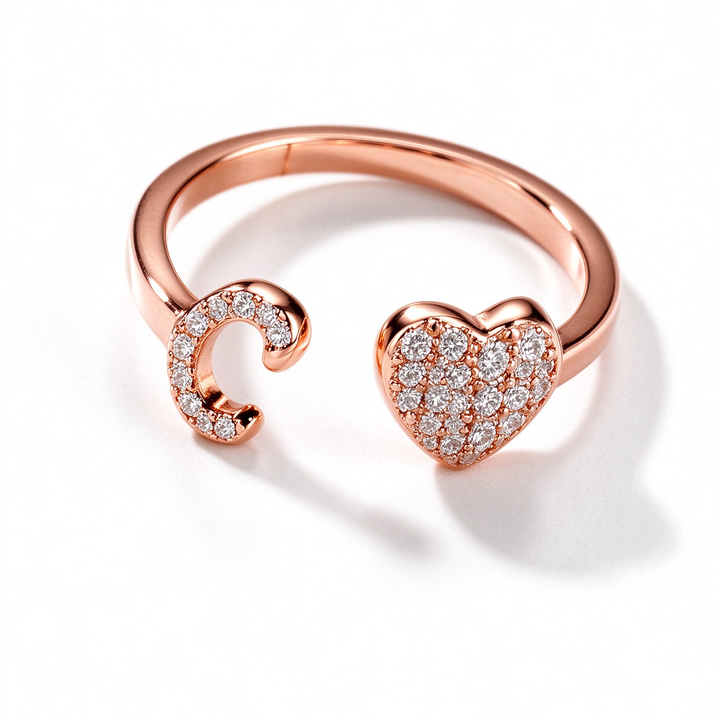 Initial Letter Heart Zircon Adjustable Open Ring