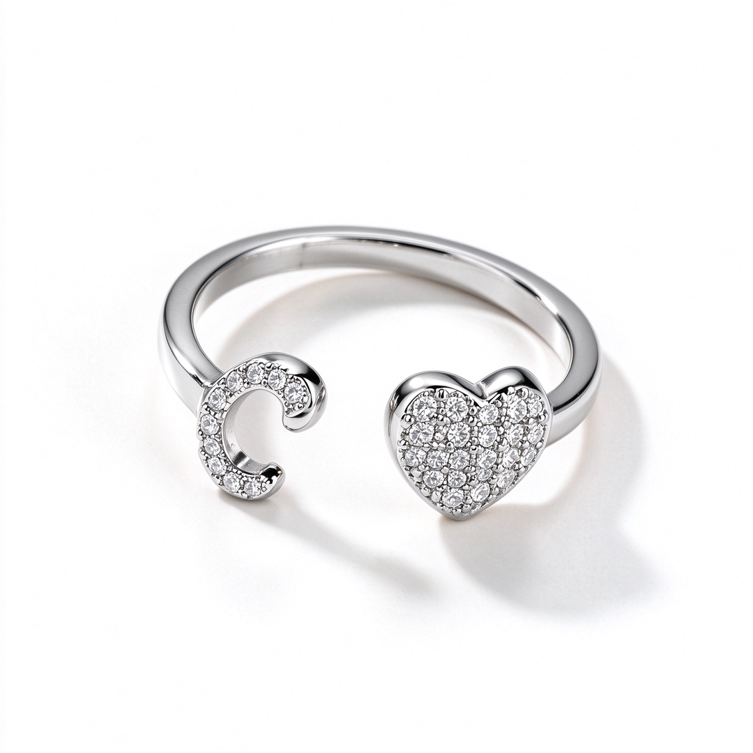 Initial Letter Heart Zircon Adjustable Open Ring