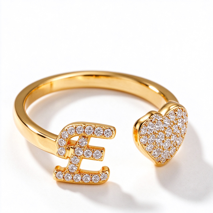 Initial Letter Heart Zircon Adjustable Open Ring