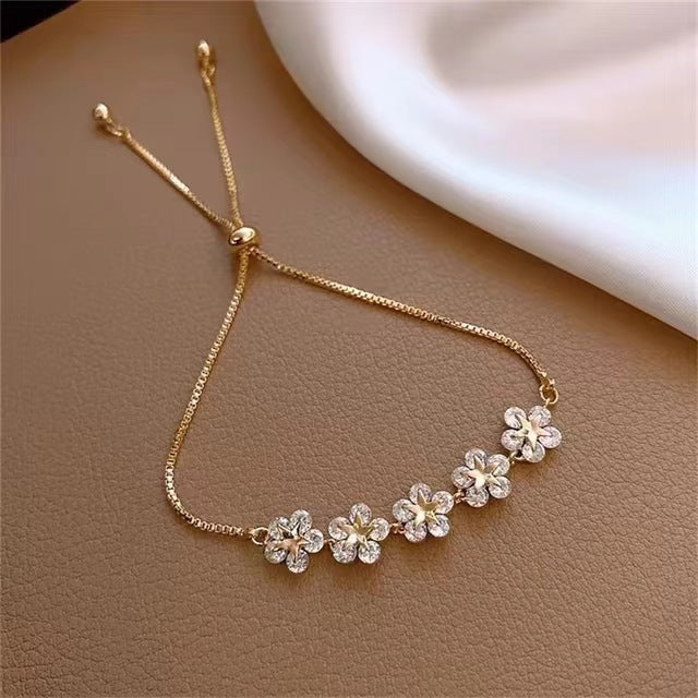 Five Flower Zircon Adjustable Slide Bracelet