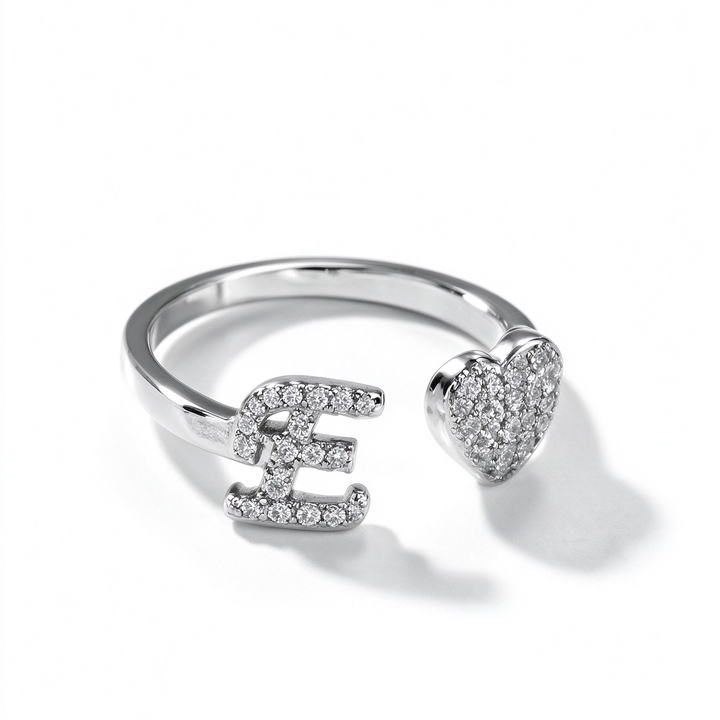 Initial Letter Heart Zircon Adjustable Open Ring