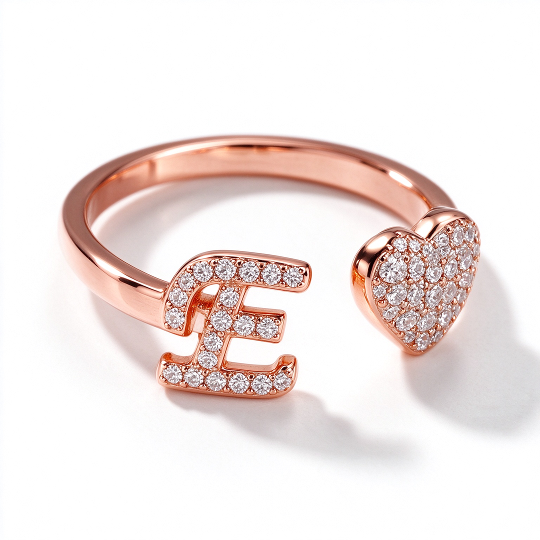 Initial Letter Heart Zircon Adjustable Open Ring