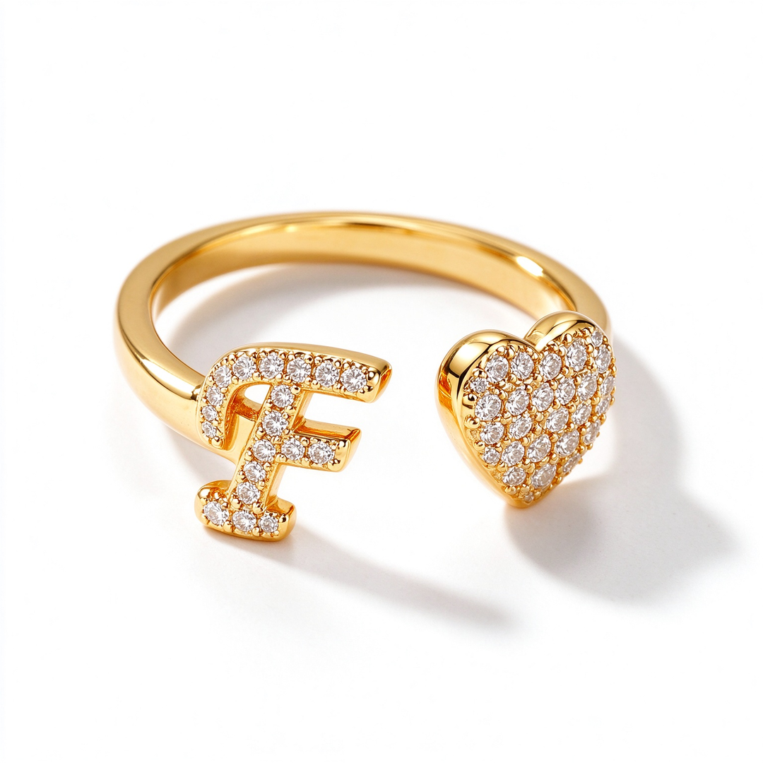 Initial Letter Heart Zircon Adjustable Open Ring
